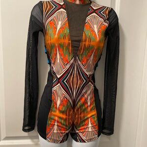 Colorful Geometric Long Sleeve Top bodysuit which can be worn as swimsuit.